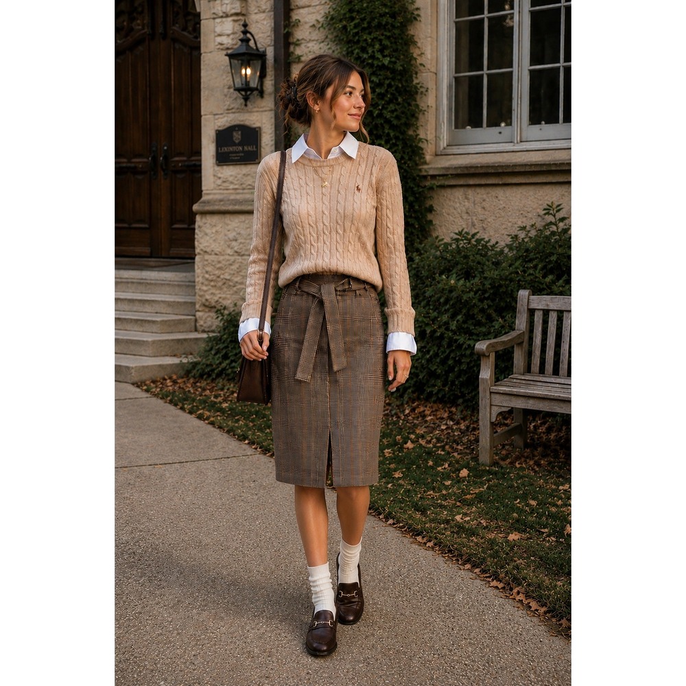 Preppy Classic Boss Academia Y2K Office Brown Tan Black Plaid M Pencil Skirt